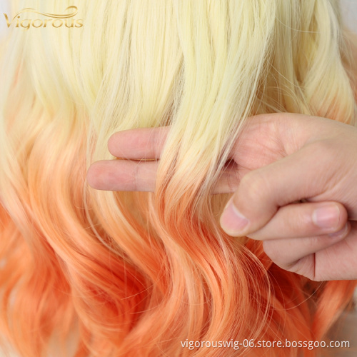 Bob Natural Wave Wig Ombre Blonde Red Hair with Bangs Synthetic Short Wig for Women Heat Resistant Fiber Hair 16 inches